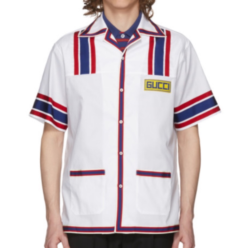 GUCCI WHITE RETRO VIBES LOGO PATCH BOWLING SHIRT
